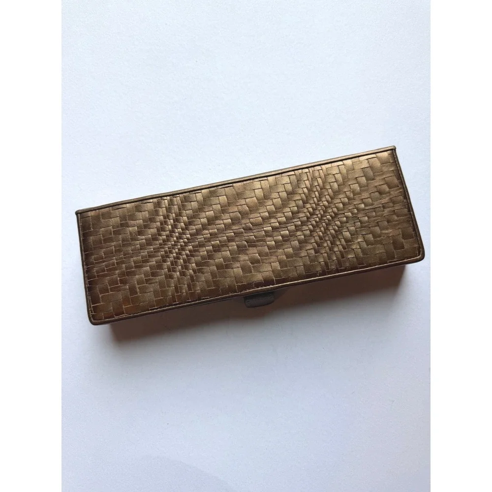 Cole Haan Jewelry Travel Case Bronze Woven Leather Mirror Suede Interior